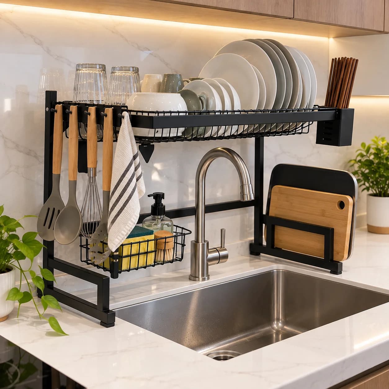 Escurridor de platos organizador 2 niveles acero Inox Negro