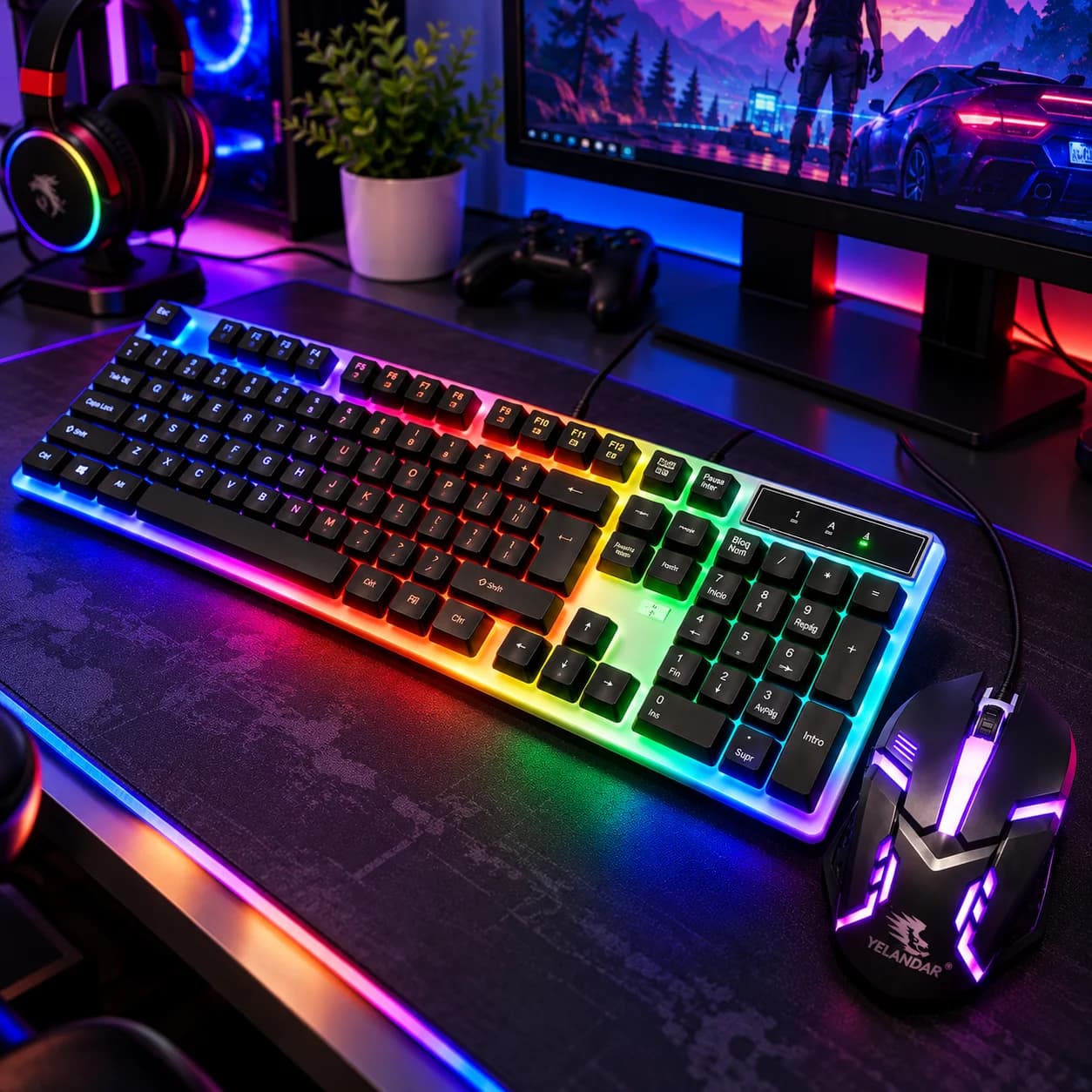 Kit teclado y mouse gamer iluminación RGB USB Yelandar