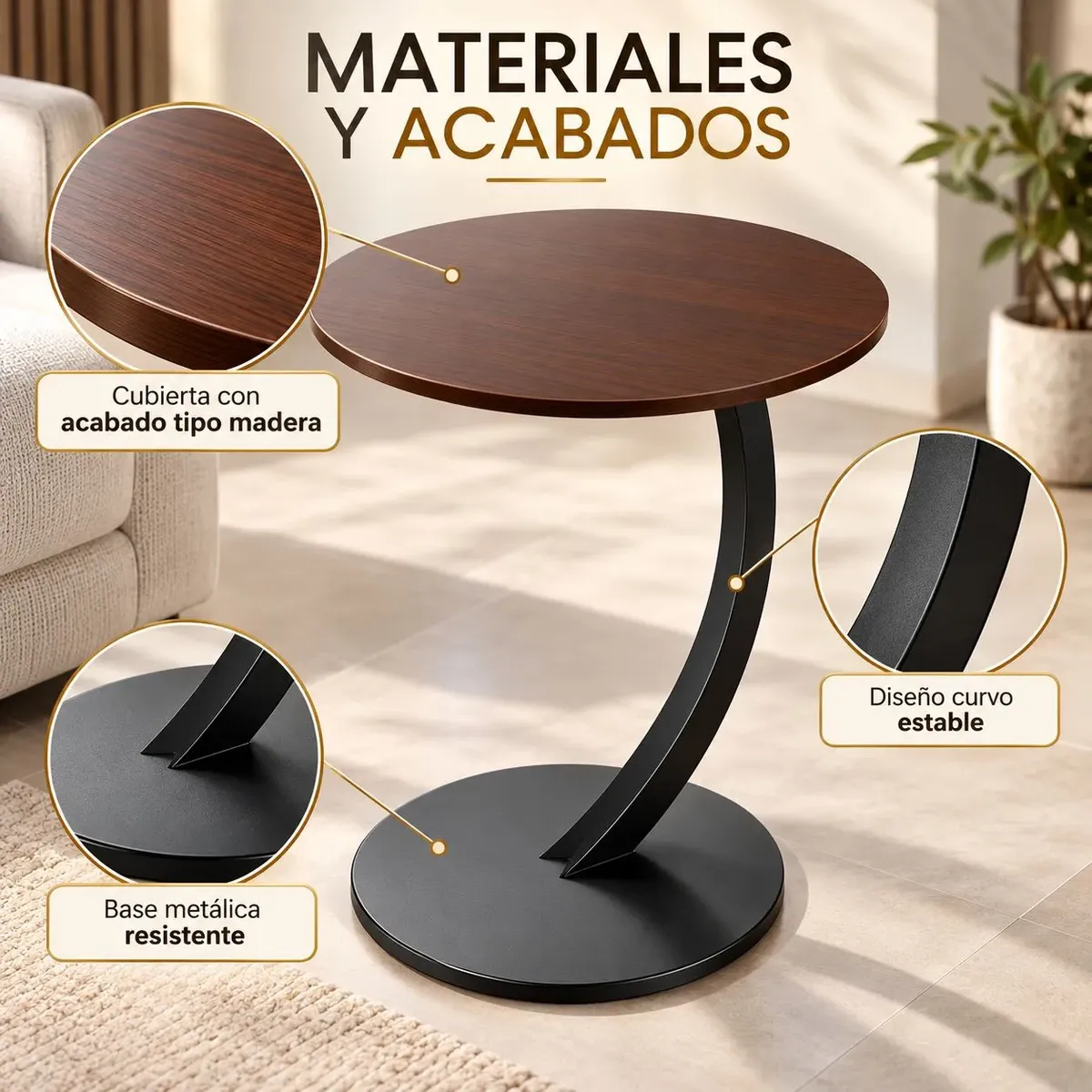 Mesa auxiliar redonda moderna efecto madera - marmol 