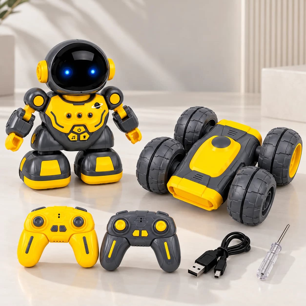 Robot space 2 en 1 con carro stunt amarillo