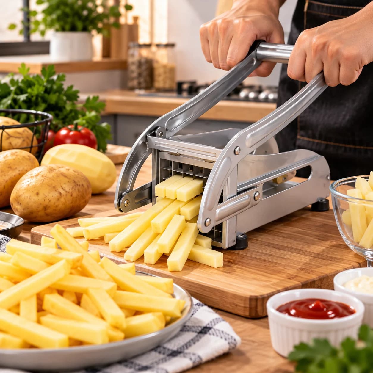 Cortadora de papas a la francesa plateada