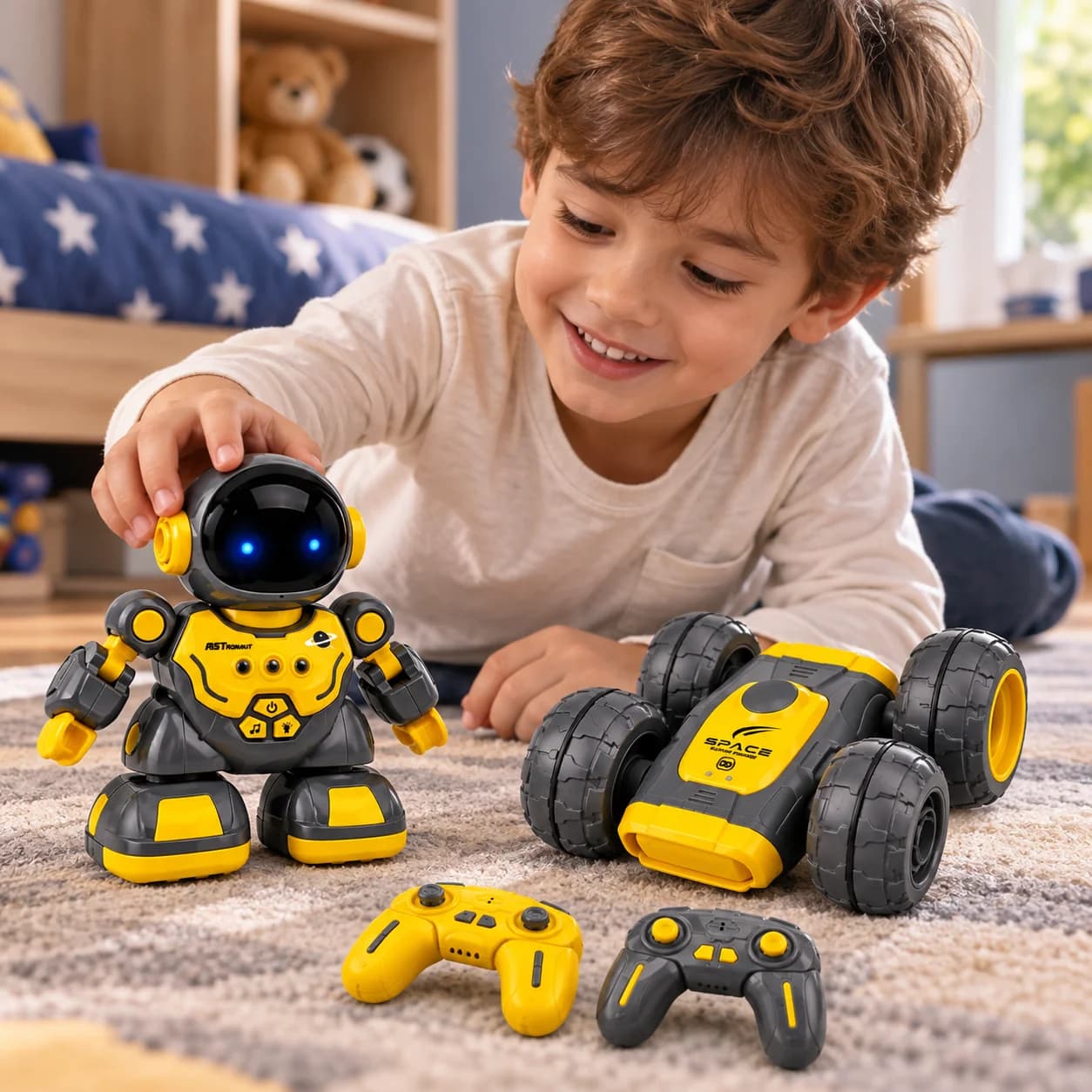 Robot space 2 en 1 con carro stunt amarillo